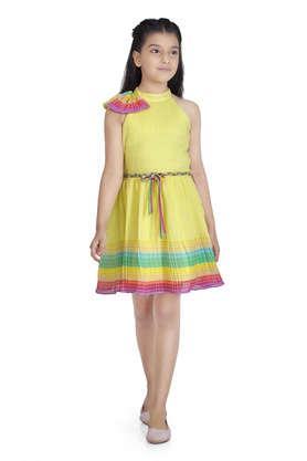 Printed Polyester Halter Neck Girls Party Wear Dress - Lemon