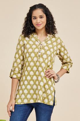 Printed Rayon Round Neck Women's Casual Wear Tunic - Green
