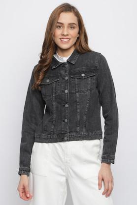 Solid Cotton Lycra Collar Neck Women's Jacket - Black