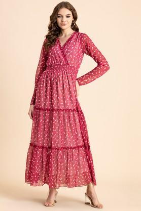 floral-v-neck-chiffon-women's-dress---pink