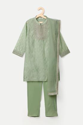 Embroidered PST Mandarin Girls Salwar Kurta Set - Green
