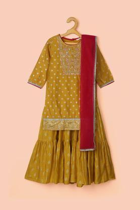 Printed Chanderi Regular Fit Girls Salwar Kurta Dupatta Set - Mustard