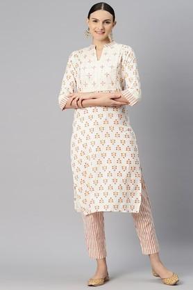 Embroidered Cotton Regular Fit Women's Kurta Set - Off White