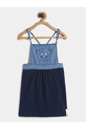 Solid Cotton Square Neck Girls Casual Dungarees - Blue
