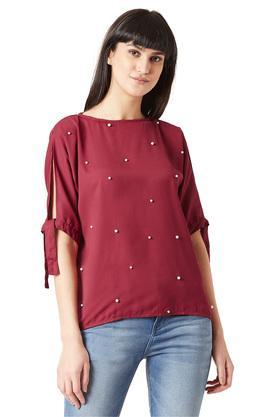 Womens Round Neck Embellished Top - Maroon