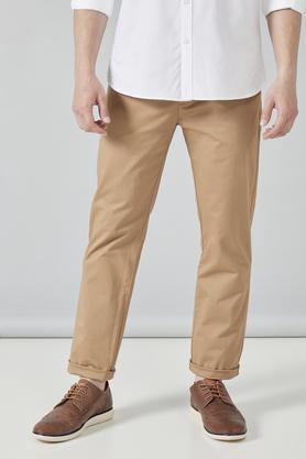 Solid Cotton Stretch Slim Fit Mens Trousers - Khaki