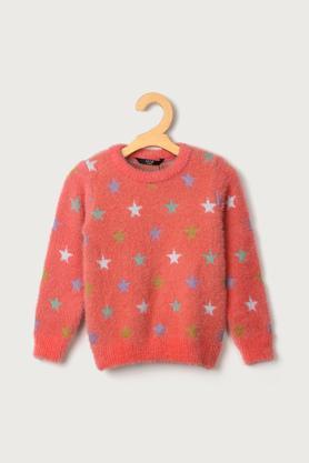 Jacquard Nylon Round Neck Girls Sweater - Peach