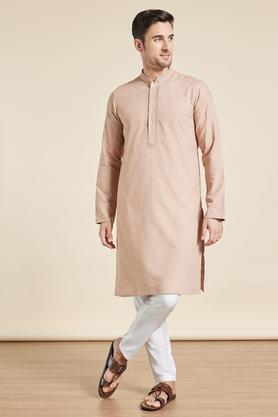 Solid Polyester Cotton Mens Festive Wear Kurta - Brown