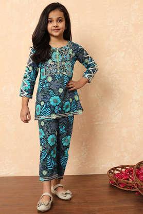 Floral Cotton Regular Fit Girls Kurti Sharara Set - Blue