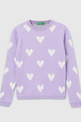 Printed Cotton Round Neck Girls Sweater - Lilac