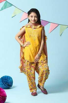Printed Cotton V Neck Girls Kurta Salwar Dupatta Set - Yellow