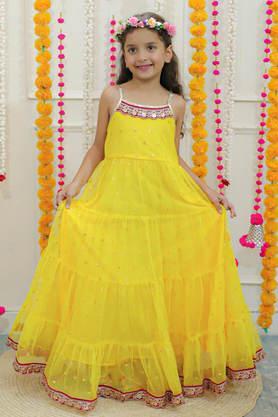 Embellished Mesh Square Neck Girls Festive Wear Dress - Yellow