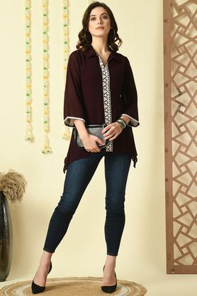 Embroidered Georgette Collared Women's Top - Brown