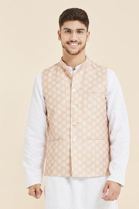 Printed Poly Silk  Festive Wear Nehru Jacket - Peach