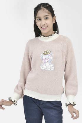 Graphic Blended Fabric Regular Fit Girls Sweater - Pink