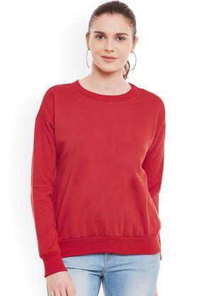 Solid Blended Round Neck Women's Sweatshirt - Red