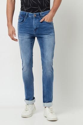 mid-wash-cotton-polyester-fleece-slim-fit-men's-jeans---blue