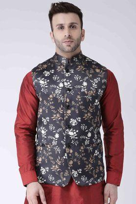 Printed Polyester Blend Regular Fit Men's Occasion Wear Nehru Jacket - Black
