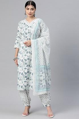printed-cotton-regular-fit-women's-kurta-set---blue