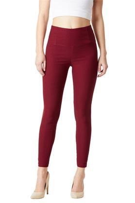 Womens Skinny Fit High Rise Solid Jeggings - Maroon
