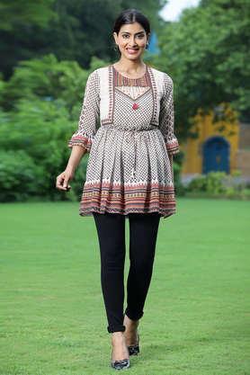 Printed Georgette Round Neck Women's Tunic - Ivory