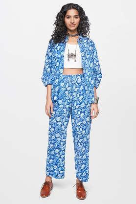 floral-cotton-round-neck-women's-kurta-pant-set---blue