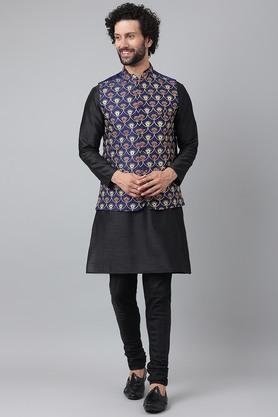 Embroidered Polyester Blend Regular Fit Mens Kurta - Black