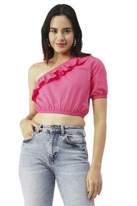 Solid Cotton One Shoulder Women's Top - Pink