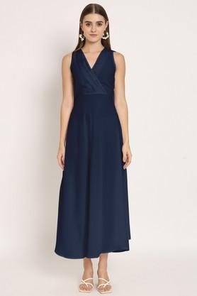 Solid Georgette V-Neck Women's Maxi Dress - Blue