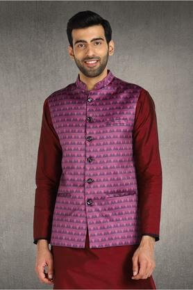 Printed Cotton Blend Collared Men's Casual Nehru Jacket - Multi