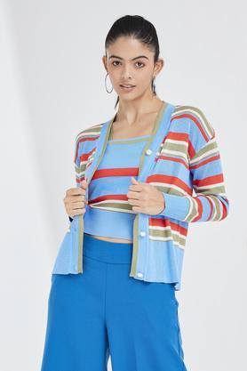 Stripes V Neck Acrylic Women's Cardigan With Inner Sets - Multi