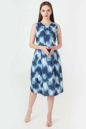 printed-polyester-key-hole-neck-women's-midi-dress---blue