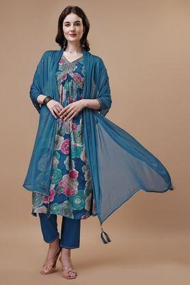 Embroidered Calf Length Rayon Woven Women's Kurta Set - Teal