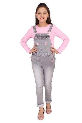Embroidered Denim And Cotton Knit Round Neck Girls Dungarees - Grey