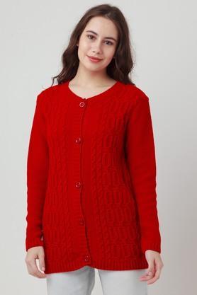 Solid Acrylic V Neck Womens Cardigan - Red