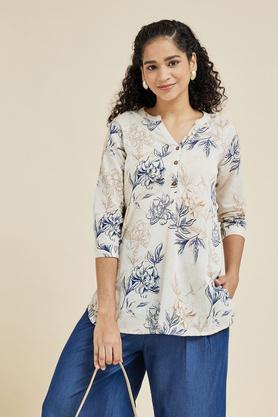 Printed Rayon Collar Neck Women's Casual Wear Tunic - Off White