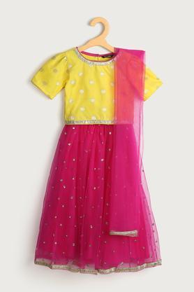 Embroidered Polyester Regular Fit Girls Ethnic Set - Pink