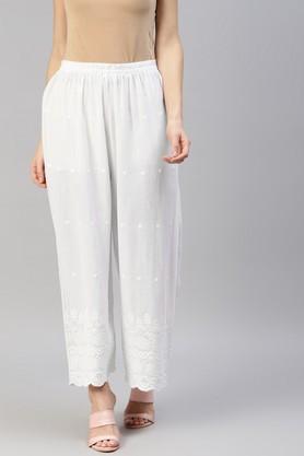 Embroidered Cotton Regular Fit Women's Palazzos - White