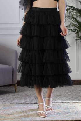 Solid Soft Net Tiered Women's Midi Skirt - Black