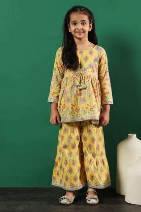 Floral Cotton Regular Fit Girls Kurti Sharara Set - Yellow