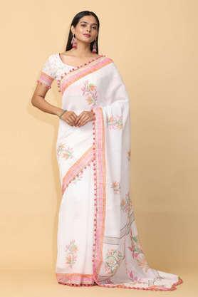 Floral Cotton Festive Wear Women's Saree - White