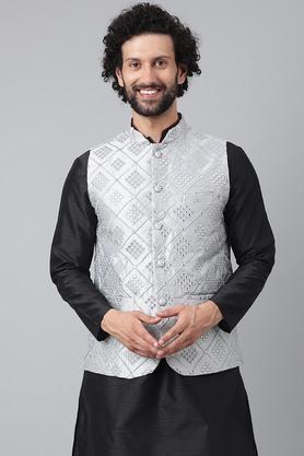 Embroidered Polyester Blend Regular Fit Mens Nehru Jacket - Grey