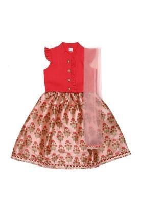 Printed Cotton Blend Collar Neck Infant Girl's Salwar Kurta Set - Red