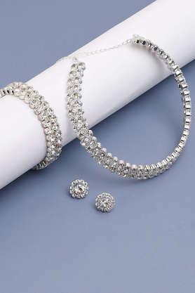 Silver Plated Party Designer Stone Necklace, Earring and Bracelet Set For Women