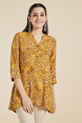 Printed Rayon Mandarin Women's Casual Wear Tunic - Mustard