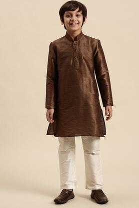 solid-art-silk-regular-fit-boy's-kurta-pyjama-set---brown