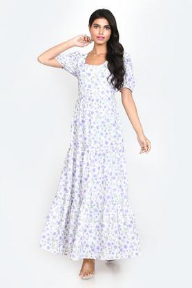 Floral Polyester Round Neck Women's Maxi Dress - White