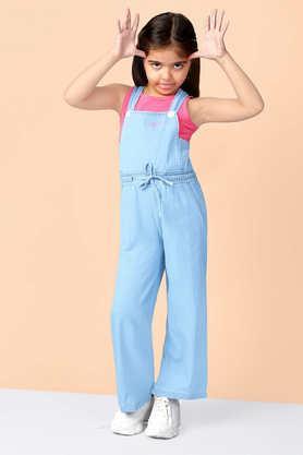 Solid Cotton Girls Dungaree Shorts with T-Shirt Set - Light Blue