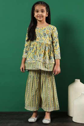 Paisley Cotton Regular Fit Girls Kurti Sharara Set - Yellow