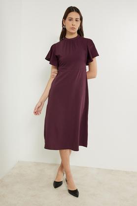 solid-round-neck-polyester-women's-knee-length-dress---plum